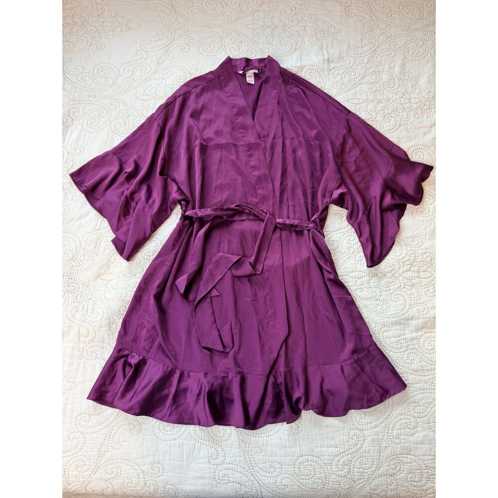 Victoria’s Secret Plum Satin Kimono Robe Wrap Mini Ruffle Medium/Large